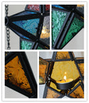 Small Hanging Vintage Iron Art Pentagonal Stained Glass Wind Lamp Candlestick